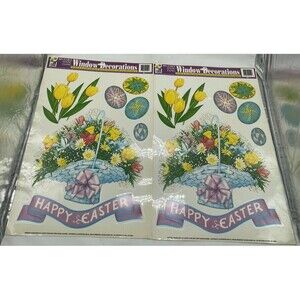 Vintage Lot Of 2 Easter Egg, Duck Flower Basket Window  Clings Vinyl Decoration